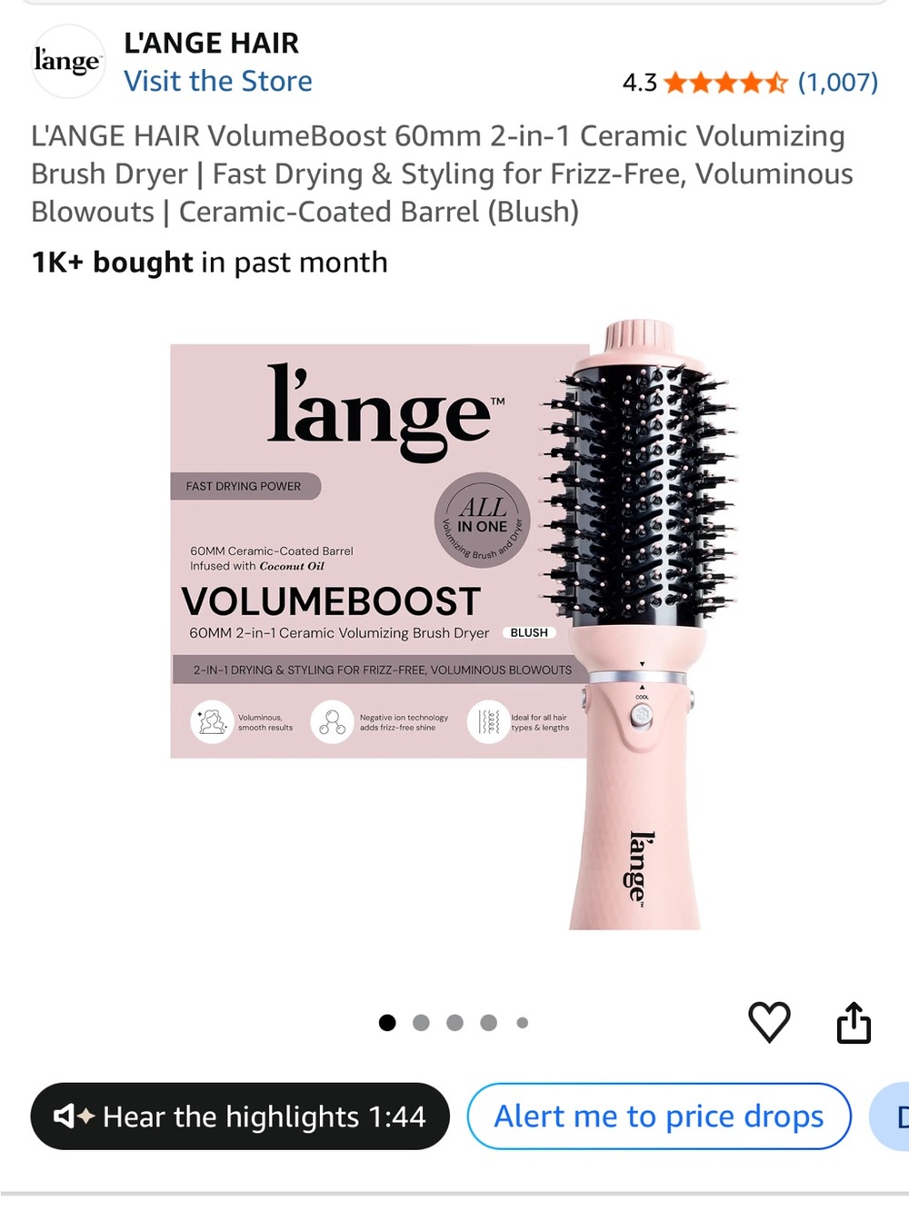 Lange VolumeBoost 60mm 2-in-1 Ceramic Volumizing Brush Dryer — Blush